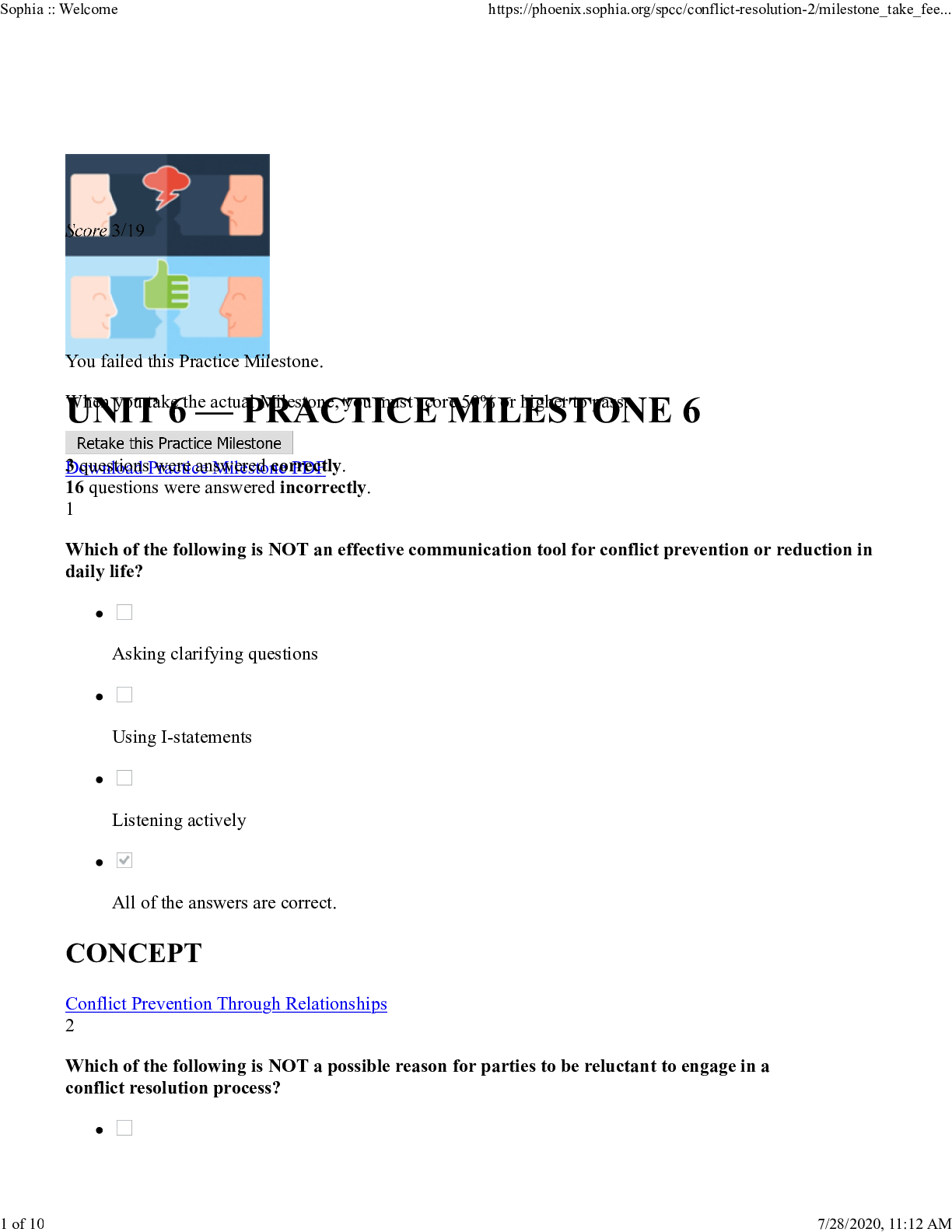 Preview of BUSI 341 Conflict_Resolution_Milestone_6_Practice_Test_2020 | BUSI341 UNIT 6 — PRACTICE MI